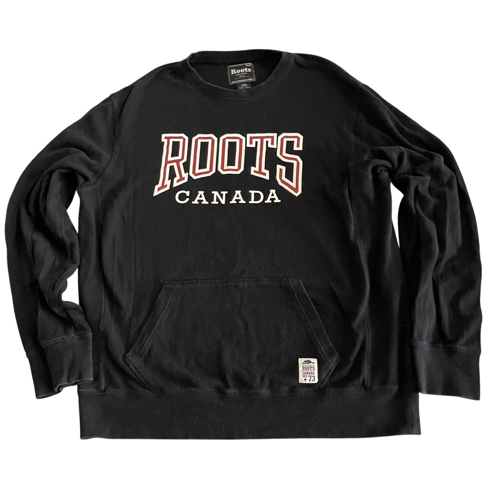 Roots Canada Black Varsity Logo‎ Sweatshirt L Unisex Y2K Streetwear Preppy
